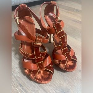 Gucci Velvet Leather Trim T-Strap Sandals